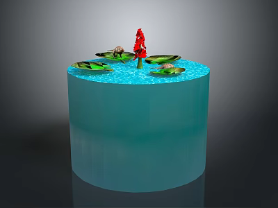 Cylindrical Blue Fish Tank With Water Surface Green Lotus Leaves And Red Flower 3d model