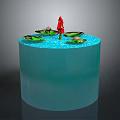 Cylindrical Blue Fish Tank With Water Surface Green Lotus Leaves And Red Flower