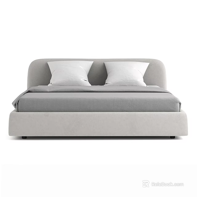 Modern Minimalist Light Gray Upholstered Double Bed With Soft Headboard And Cozy Bedding Set 3d model 