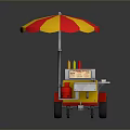 Vibrant Street Food Cart Scenery with Red Yellow Umbrella and Burger Fries Signs