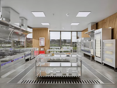 Commercial Restaurant Kitchen Interior With Stainless Steel Appliances Metal Worktables And Wooden Walls 3d model