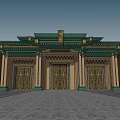 Traditional Style Entrance Gate With Green Roof Golden Decorations And Carved Door Panels