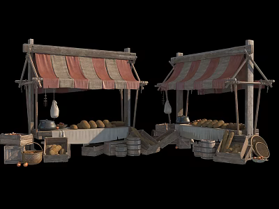 Two Traditional Market Stalls With Red White Striped Awnings And Bread Displays 3d model