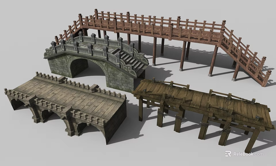 3D Models of Various Stone and Wooden Bridges with Arch Railings and Steps 3d model 