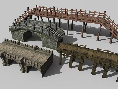 3D Models of Various Stone and Wooden Bridges with Arch Railings and Steps 3d model