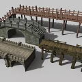 3D Models of Various Stone and Wooden Bridges with Arch Railings and Steps
