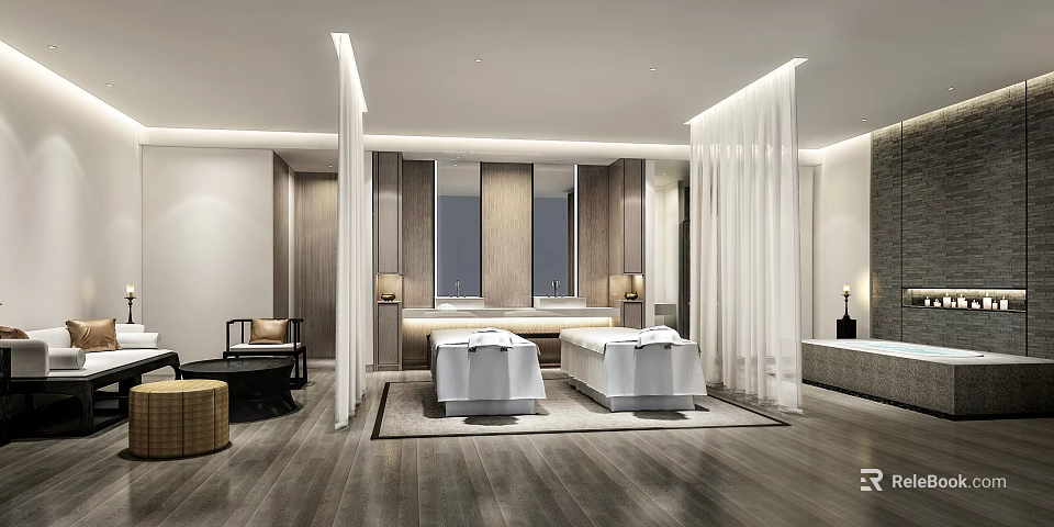 Luxury SPA Sauna Interior Design With Two Massage Beds Wooden Flooring And White Curtains 3d model 