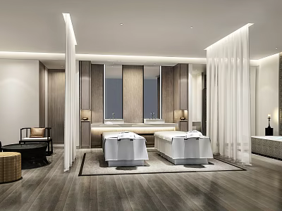 Luxury SPA Sauna Interior Design With Two Massage Beds Wooden Flooring And White Curtains 3d model