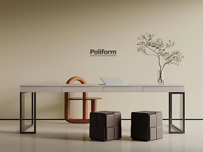 Modern Poliform Desk with Orange Chair Laptop Plant and Two Black Stools 3d model