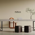 Modern Poliform Desk with Orange Chair Laptop Plant and Two Black Stools