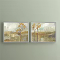Two Plant Paintings With Silver Frames And Yellow Trees On Light Green Wall 3d model