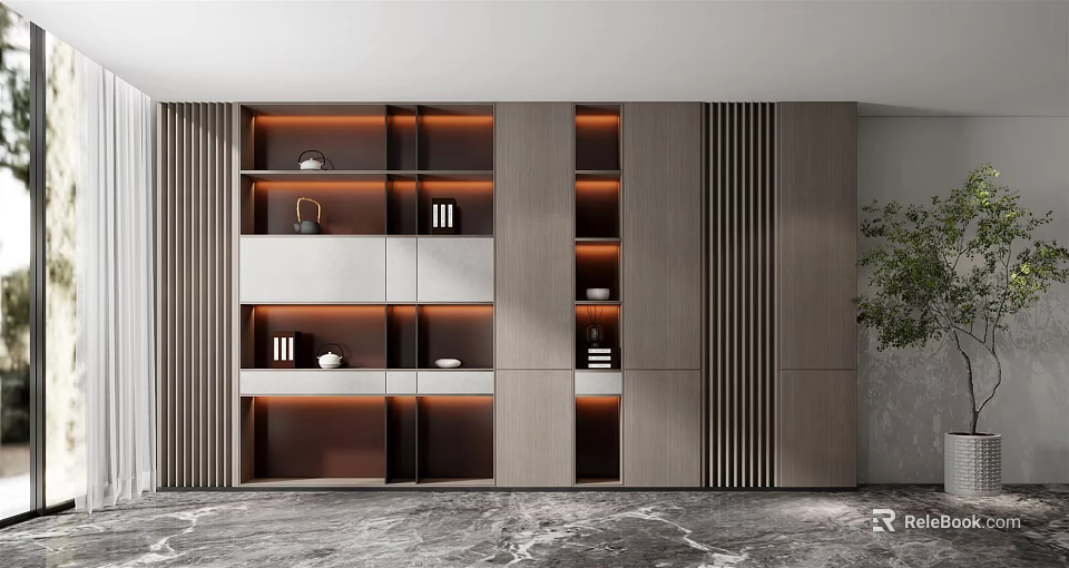 Modern Minimalist Wooden Bookcase With LED Lighting And Layered Storage Design 3d model 