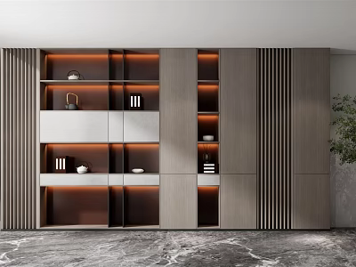 Modern Minimalist Wooden Bookcase With LED Lighting And Layered Storage Design 3d model
