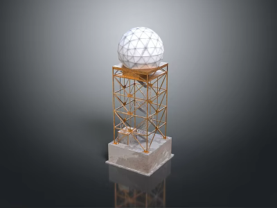 Landscape Featuring Golden Metal Frame Tower With White Spherical Top On Gray Pedestal 3d model