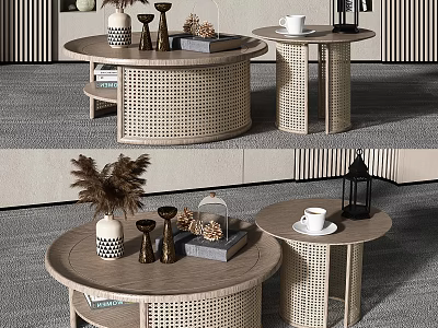 Set of Modern Coffee Tables with Woven Design Featuring Coffee Cup and Pampas Decor 3d model