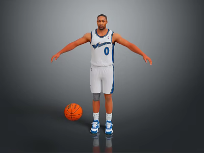 Man In White Wizards Basketball Uniform Number 0 With Basketball And Blue Sneakers 3d model