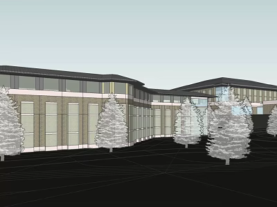 Modern Low rise Hotel Building Exterior With Glass Curtain Wall And Trees 3d model