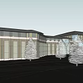 Modern Low rise Hotel Building Exterior With Glass Curtain Wall And Trees