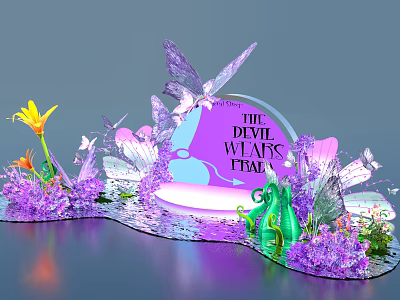 Purple Themed Floral Installation With Butterflies For The Devil Wears Prada Event Decor 3d model