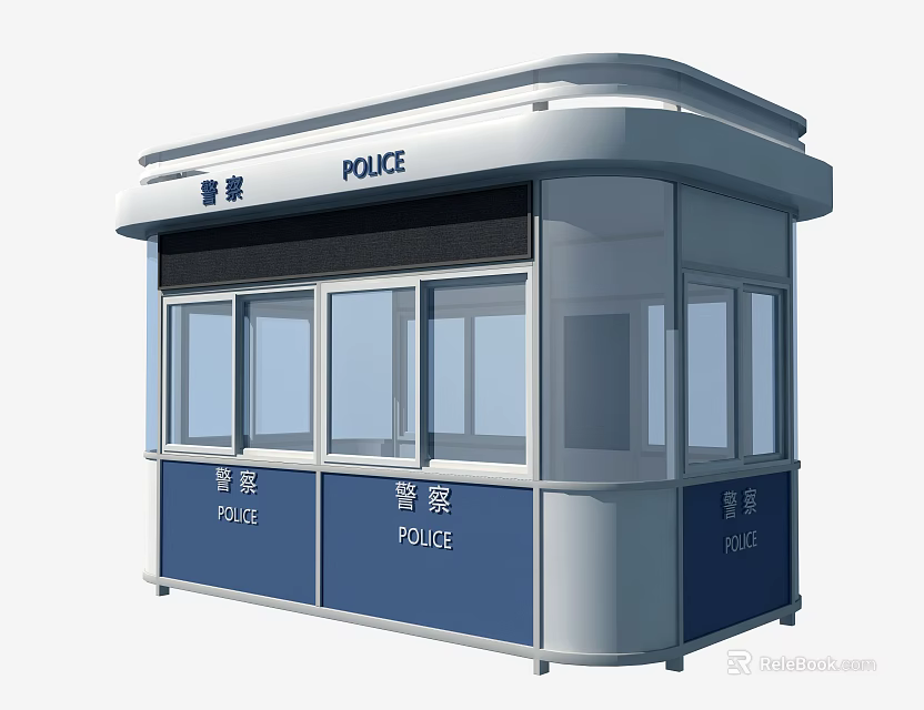 Modern Police Booth With Blue Panels Large Windows And Police Signage 3d model 