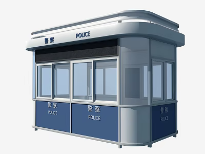 Modern Police Booth With Blue Panels Large Windows And Police Signage 3d model