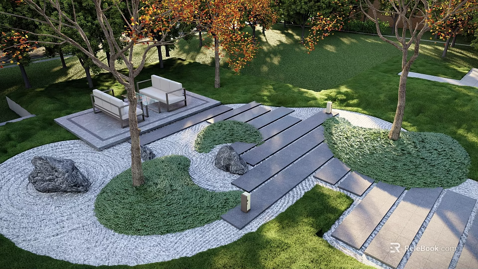 Tranquil Park Landscape With Green Lawn Stone Pathway Trees And Rest Seating 3d model 