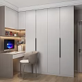 Modern White Built in Wardrobe With Black Handles Illuminated Shelves And Home Office Study Area