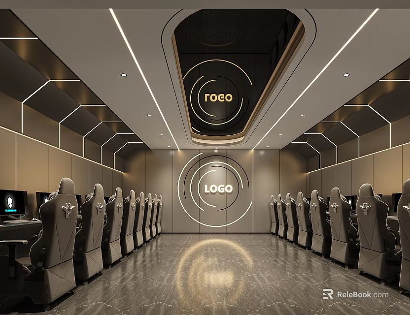 Modern Internet Cafe Interior With Gaming Chairs And Geometric Lighting 3d model