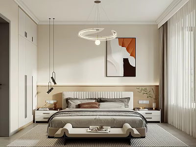 Modern Bedroom Interior Design With Bed Nightstands Chandelier Wall Art And Curtains 3d model