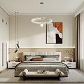 Modern Bedroom Interior Design With Bed Nightstands Chandelier Wall Art And Curtains
