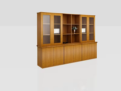 Modern Brown Wooden Bookshelf With Glass Doors Open Shelves And Storage Cabinet Doors 3d model