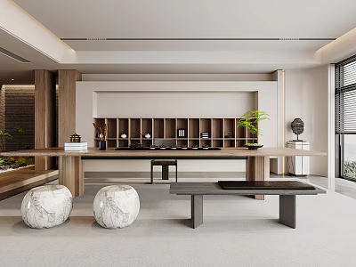 Minimalist Modern Tea Room With Long Table Stone Stools Shelves And Green Plants 3d model