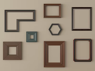 Decorative Photo Frames with Various Shapes and Colors on Beige Wall 3d model