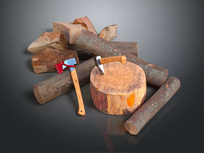 Natural Wood Stone Material Display With Logs Axe And Tree Stump 3d model