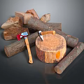 Natural Wood Stone Material Display With Logs Axe And Tree Stump 3d model