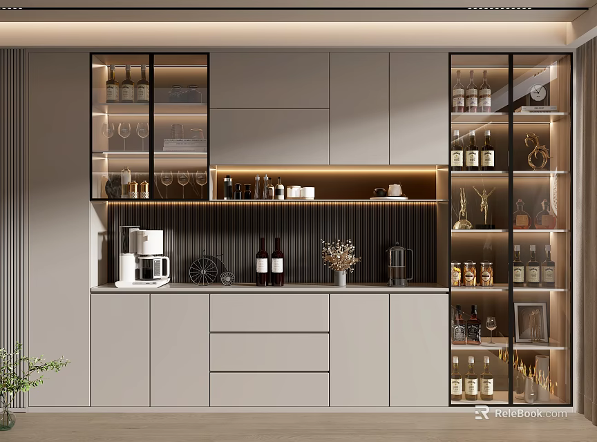 Modern Elegant Wine Cabinet With Glass Doors LED Lighting Wine Bottles And Glassware 3d model 
