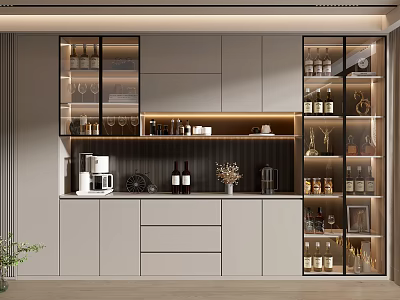 Modern Elegant Wine Cabinet With Glass Doors LED Lighting Wine Bottles And Glassware 3d model