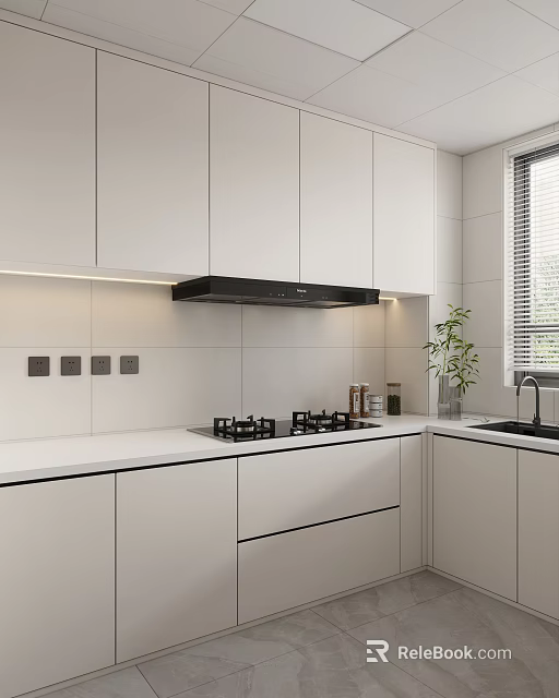 Modern Kitchen Interior With White Cabinets Black Range Hood Gas Stove Countertop Window And Plant 3d model