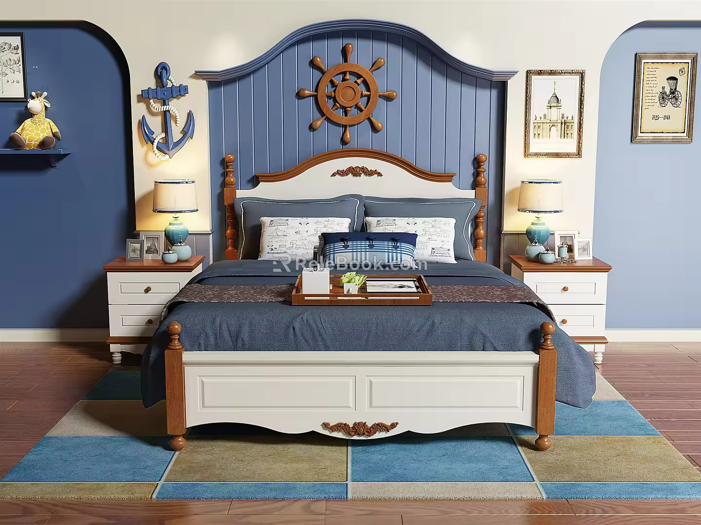 Mediterranean background double bed double bedside table 3d model