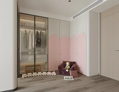 Modern Closet Interior With Glass Doors Pink Panels And Cozy Seating 3d model