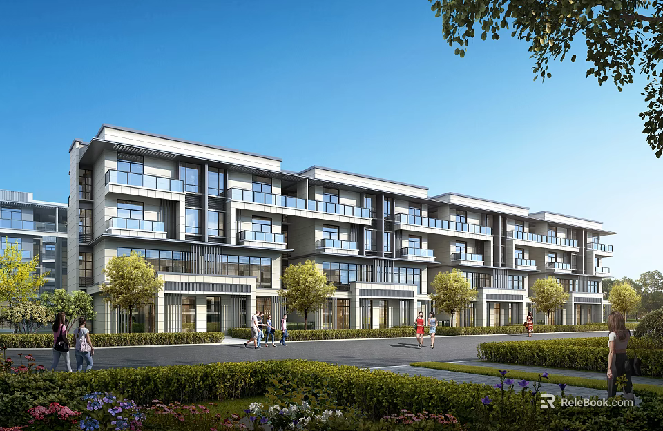 Modern Townhouse Exterior Design With Balconies Windows And Landscaped Gardens 3d model 