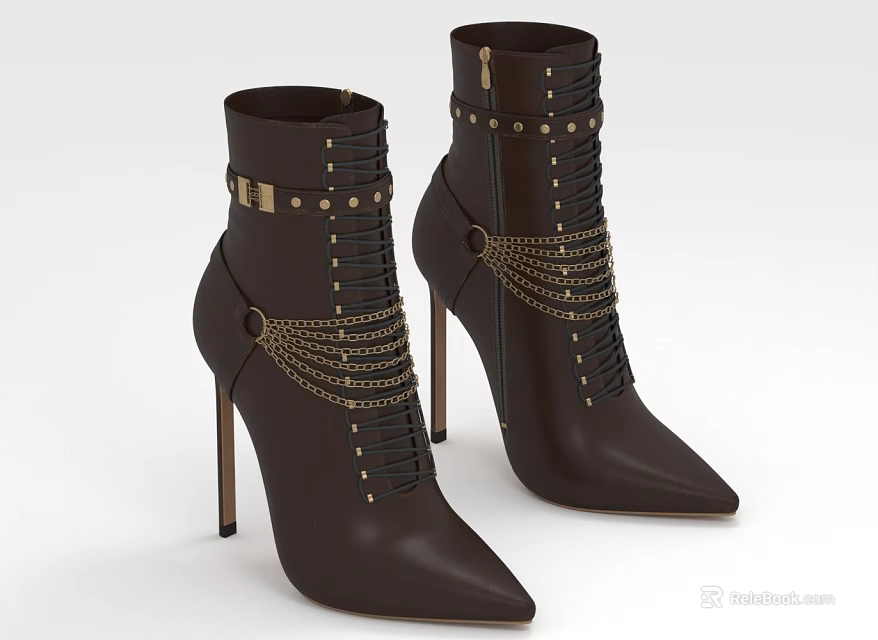 Brown High Heel Boots With Metal Chains Rivets And Lace Up Design 3d model 