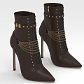 Brown High Heel Boots With Metal Chains Rivets And Lace Up Design 3d model