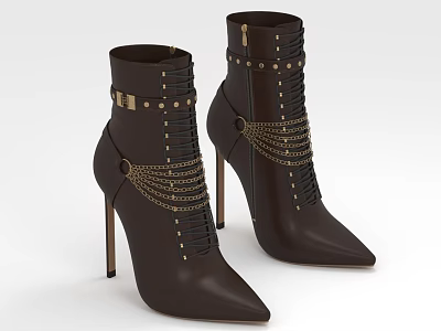 Brown High Heel Boots With Metal Chains Rivets And Lace Up Design 3d model