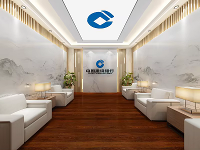Elegant Lounge Area With White Sofas Wooden Flooring Marble Walls Table Lamps And Green Plants 3d model