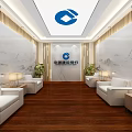Elegant Lounge Area With White Sofas Wooden Flooring Marble Walls Table Lamps And Green Plants