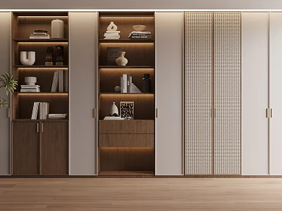 Modern Built in Wooden Bookcase With Shelves Books Vases And Decorative Items 3d model