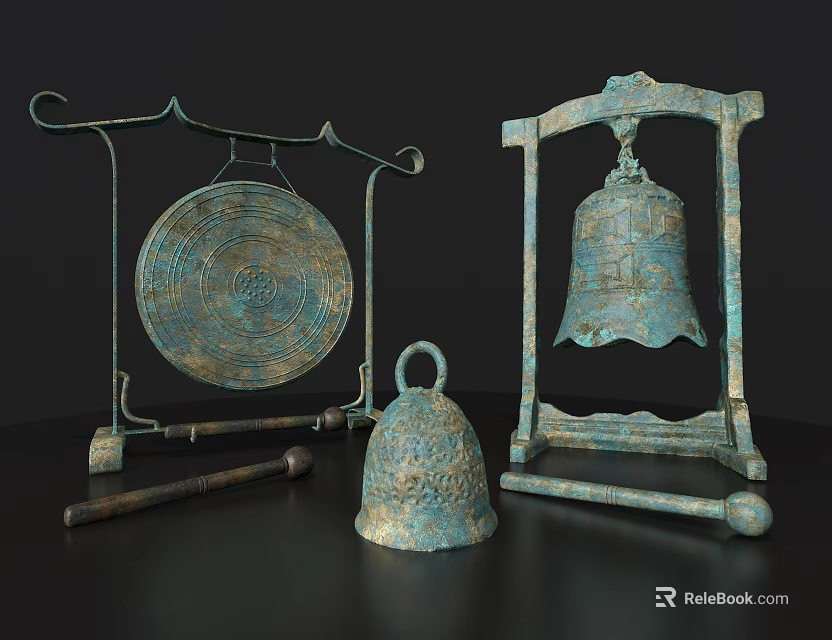 Traditional Bronze Sculptures With Intricate Carvings Including Bell Gong And Decorative Elements 3d model 