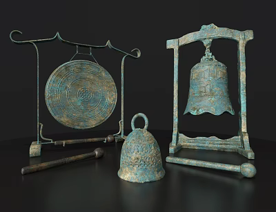 Traditional Bronze Sculptures With Intricate Carvings Including Bell Gong And Decorative Elements 3d model