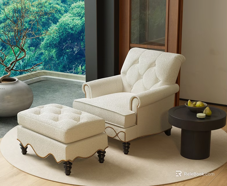 Casual Beige Sofa Set with Matching Ottoman Black Round Side Table and Green Natural View 3d model 
